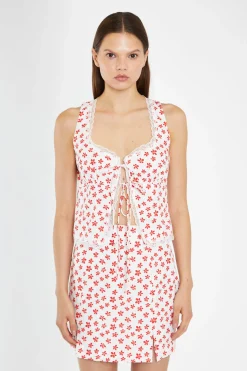 Glamorous Tops & T-shirts|White-Red Daisy Lace Trim Tie-Front-Top -
