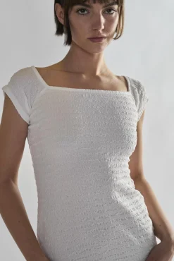 Glamorous Day Dresses|Mini Dresses|White-Textured Shirred Mini-Dress -