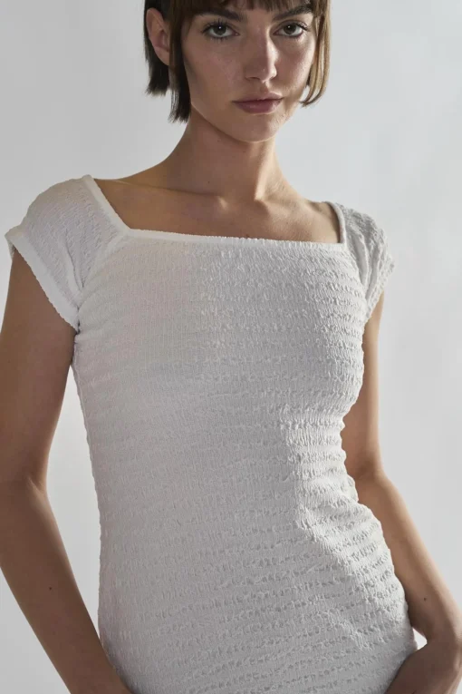 Glamorous Day Dresses|Mini Dresses|White-Textured Shirred Mini-Dress -