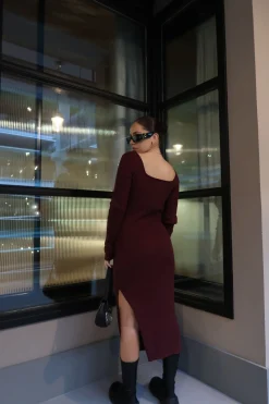 Glamorous Workwear|Day Dresses|Wine Square-Neck Knitted Midi-Dress -