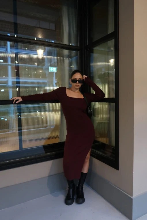 Glamorous Workwear|Day Dresses|Wine Square-Neck Knitted Midi-Dress -