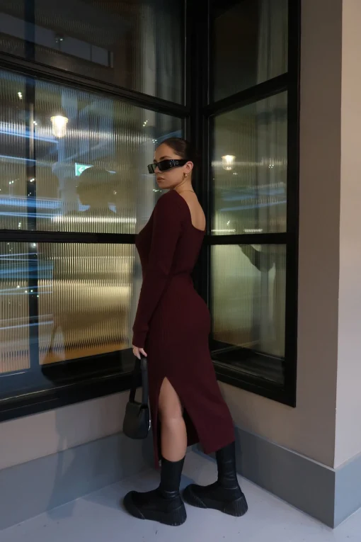 Glamorous Workwear|Day Dresses|Wine Square-Neck Knitted Midi-Dress -