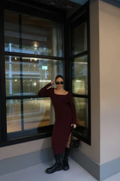 Glamorous Workwear|Day Dresses|Wine Square-Neck Knitted Midi-Dress -