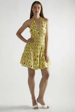 Glamorous Day Dresses|Mini Dresses|Yellow Floral-Lattice Halter-Neck Mini-Dress -