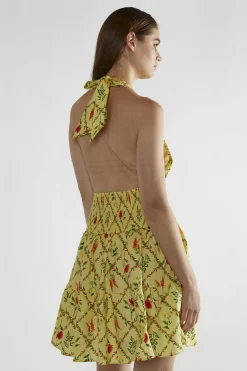 Glamorous Day Dresses|Mini Dresses|Yellow Floral-Lattice Halter-Neck Mini-Dress -