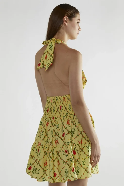Glamorous Day Dresses|Mini Dresses|Yellow Floral-Lattice Halter-Neck Mini-Dress -
