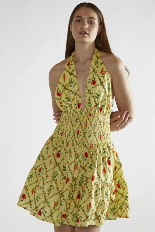 Glamorous Day Dresses|Mini Dresses|Yellow Floral-Lattice Halter-Neck Mini-Dress -