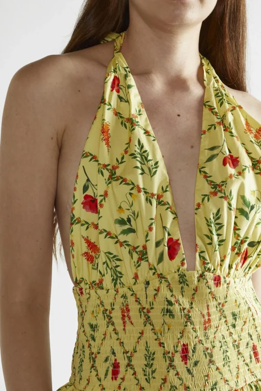Glamorous Day Dresses|Mini Dresses|Yellow Floral-Lattice Halter-Neck Mini-Dress -