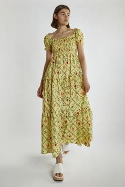 Glamorous Day Dresses|Maxi Dresses|Yellow Floral-Lattice Scoop Neck Maxi-Dress -