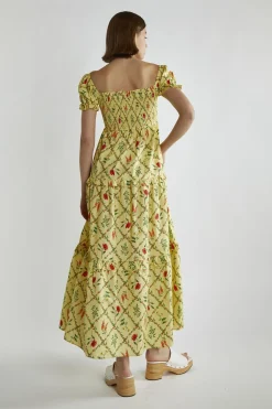 Glamorous Day Dresses|Maxi Dresses|Yellow Floral-Lattice Scoop Neck Maxi-Dress -