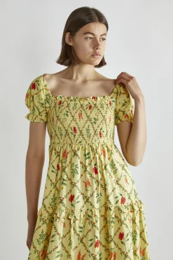 Glamorous Day Dresses|Maxi Dresses|Yellow Floral-Lattice Scoop Neck Maxi-Dress -