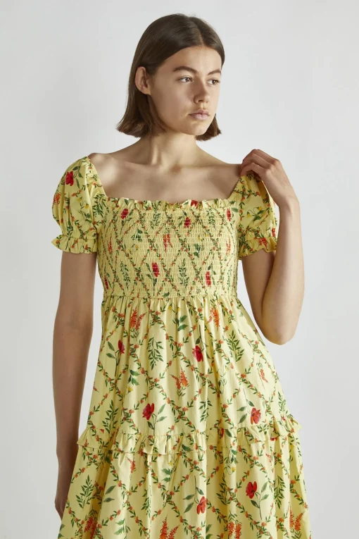 Glamorous Day Dresses|Maxi Dresses|Yellow Floral-Lattice Scoop Neck Maxi-Dress -