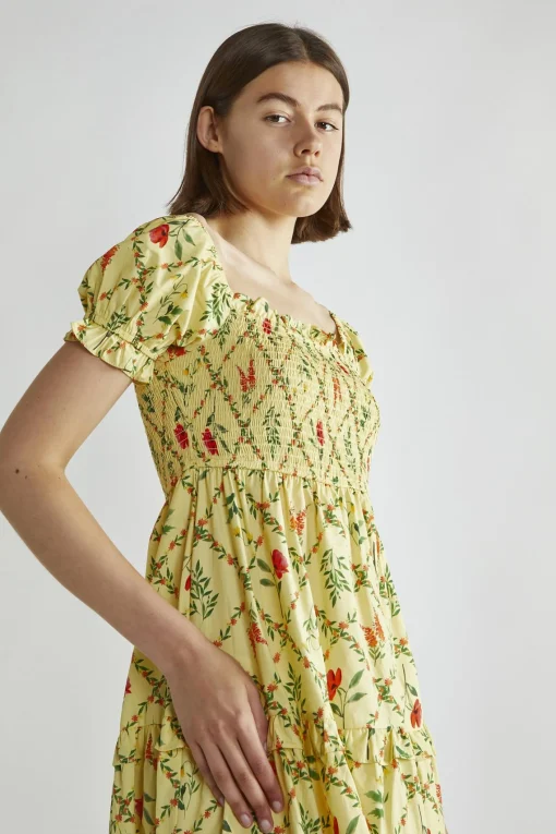 Glamorous Day Dresses|Maxi Dresses|Yellow Floral-Lattice Scoop Neck Maxi-Dress -