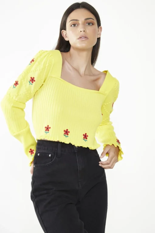 Glamorous Jumpers|Yellow Floral-Print Long-Sleeve Jumper -