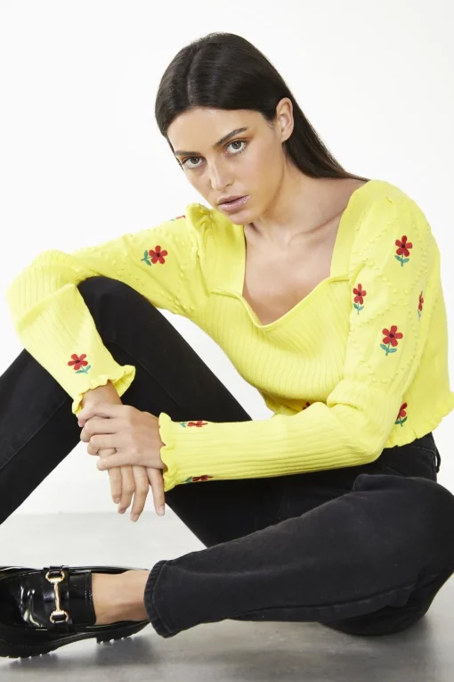 Glamorous Jumpers|Yellow Floral-Print Long-Sleeve Jumper -