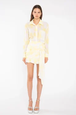 Glamorous Mini Skirts|Yellow Print-Chiffon Ruched Tie-Front Mini-Skirt -