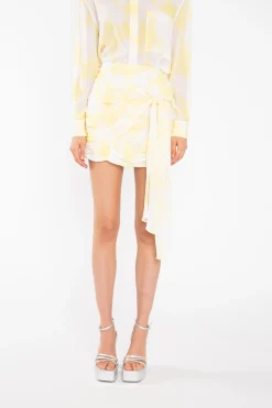 Glamorous Mini Skirts|Yellow Print-Chiffon Ruched Tie-Front Mini-Skirt -