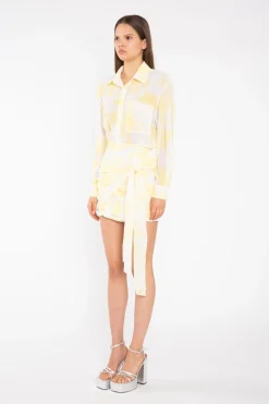 Glamorous Mini Skirts|Yellow Print-Chiffon Ruched Tie-Front Mini-Skirt -