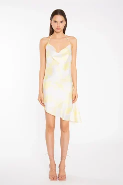 Glamorous Graduation|Satin Dresses|Yellow Print-Satin Asymmetric Cowl-Neck Mini-Dress -