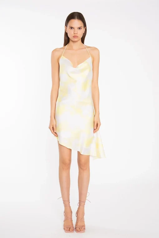 Glamorous Graduation|Satin Dresses|Yellow Print-Satin Asymmetric Cowl-Neck Mini-Dress -