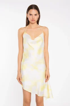 Glamorous Graduation|Satin Dresses|Yellow Print-Satin Asymmetric Cowl-Neck Mini-Dress -