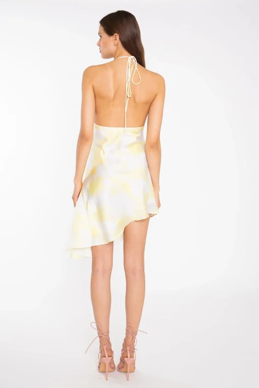 Glamorous Graduation|Satin Dresses|Yellow Print-Satin Asymmetric Cowl-Neck Mini-Dress -