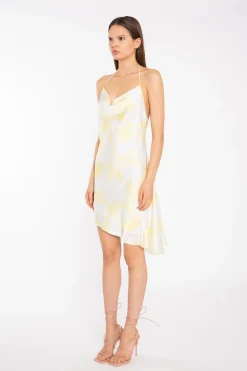 Glamorous Graduation|Satin Dresses|Yellow Print-Satin Asymmetric Cowl-Neck Mini-Dress -