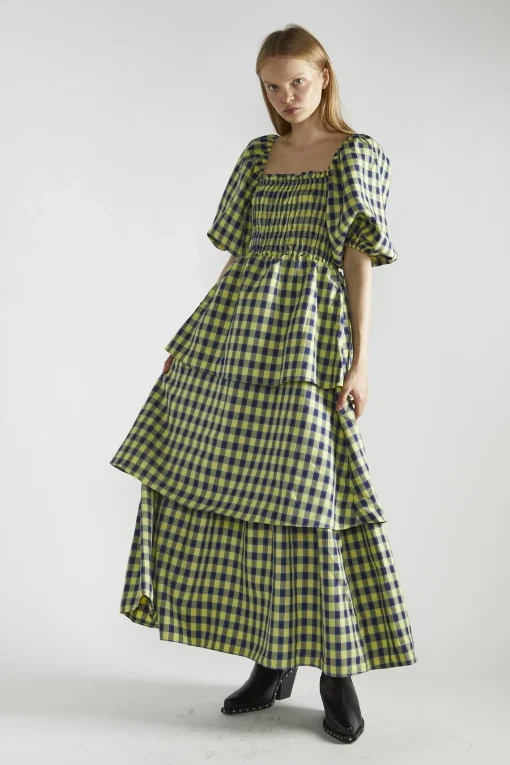 Glamorous Day Dresses|Maxi Dresses|Yellow-Blue Check Tiered Maxi-Dress -