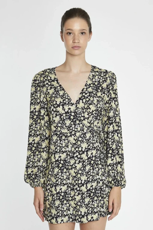Glamorous Day Dresses|Mini Dresses|Yellow-Folk Floral Wrap Mini-Dress -