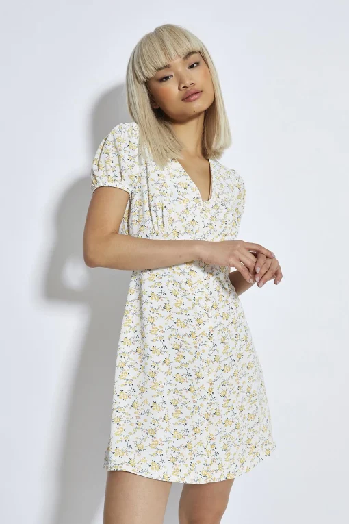 Glamorous Day Dresses|Mini Dresses|Yellow-Peach Ditsy V-Neck Mini-Dress -